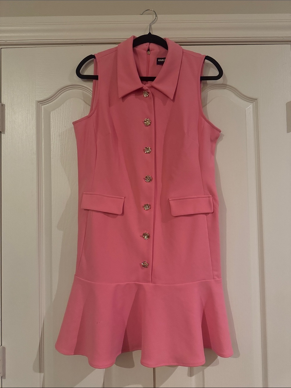 Karl Lagerfeld Pink Sleeveless Button-Front Flounce Dress